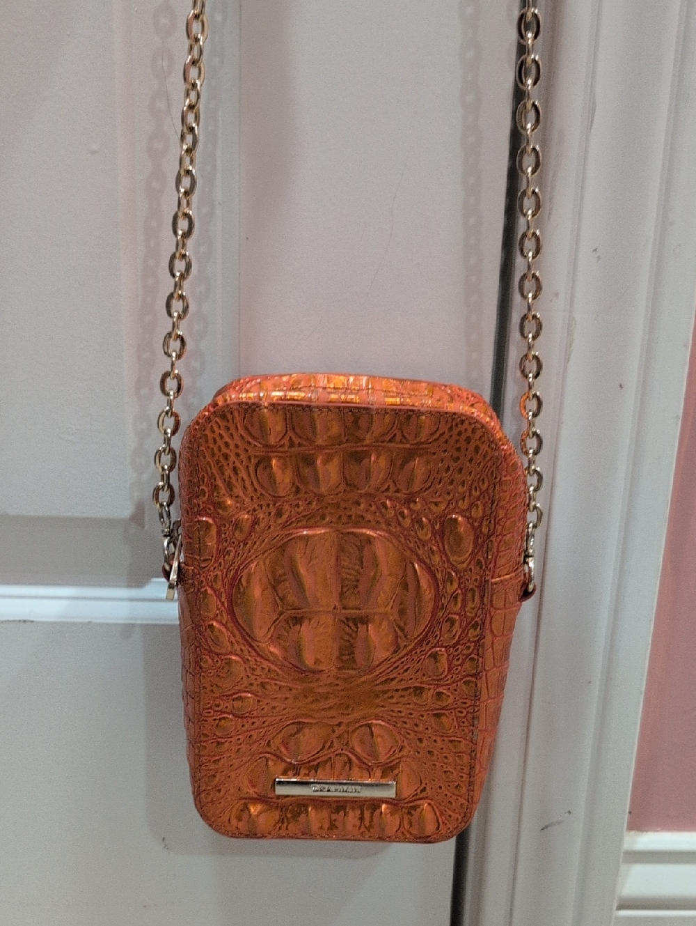 Brahmin Orange Croc-Embossed Mini Crossbody with Gold Chain